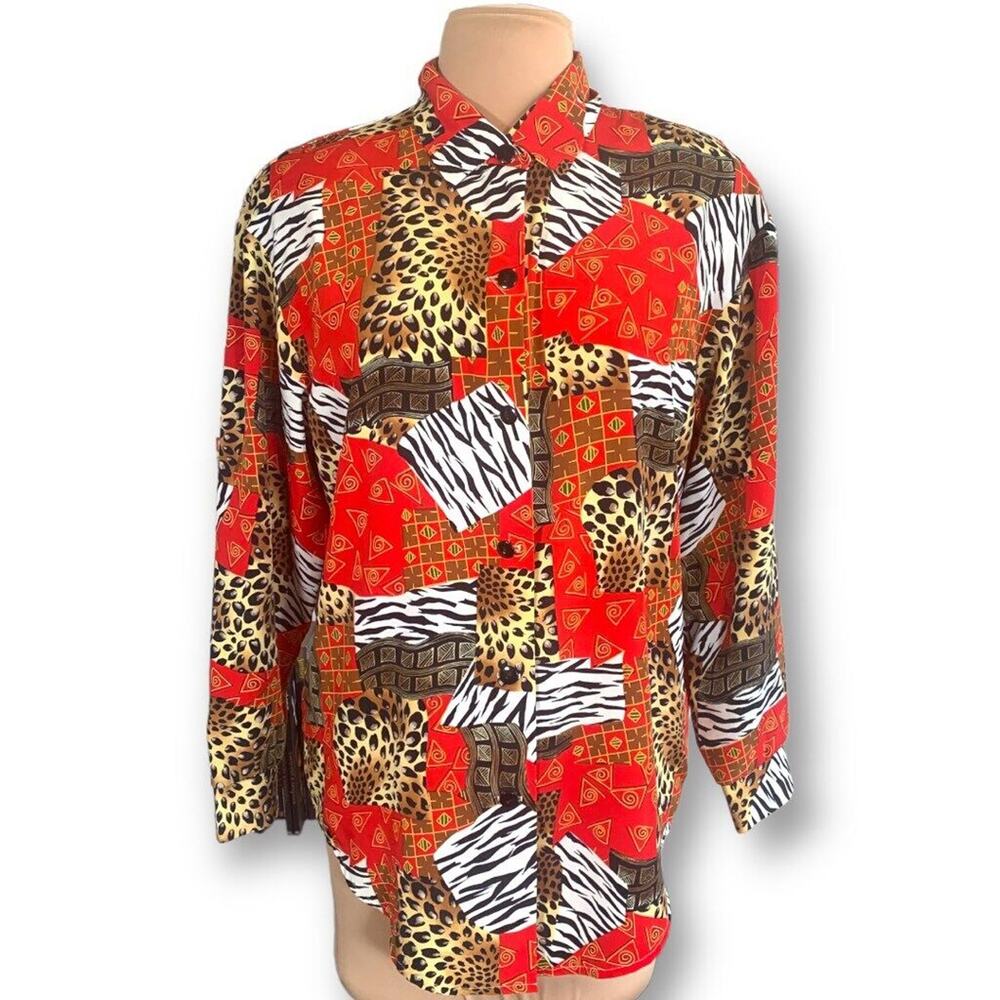Vintage Animal Print Button Up‎ Shirt Red Patchwork USA Made Maximalist Eclectic